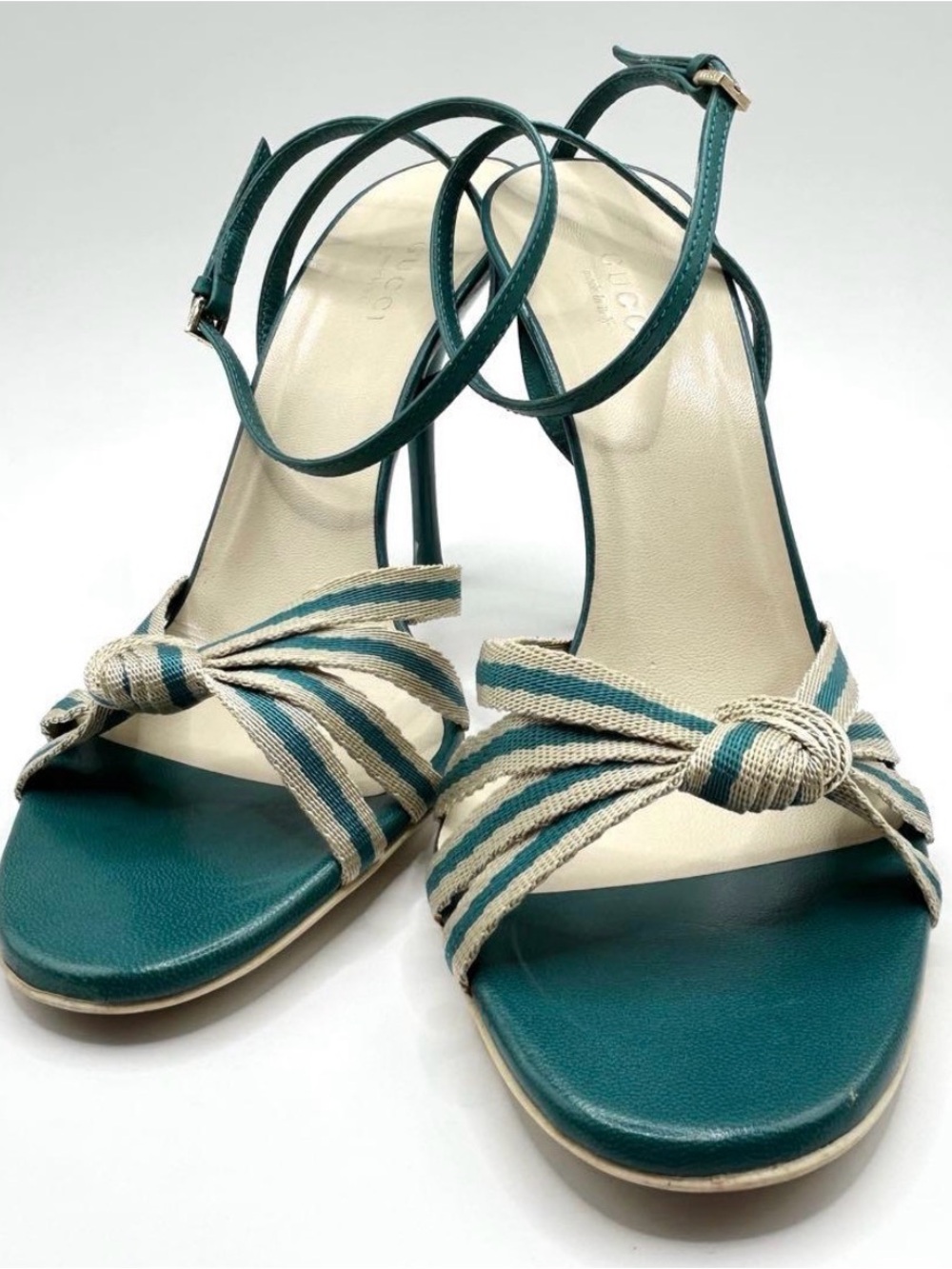 Gucci Teal Strappy Knot Front Sandals